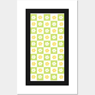 Vintage Aesthetic Checkerboard Flower Design Phone Case in Mustard and Chartreuse Posters and Art